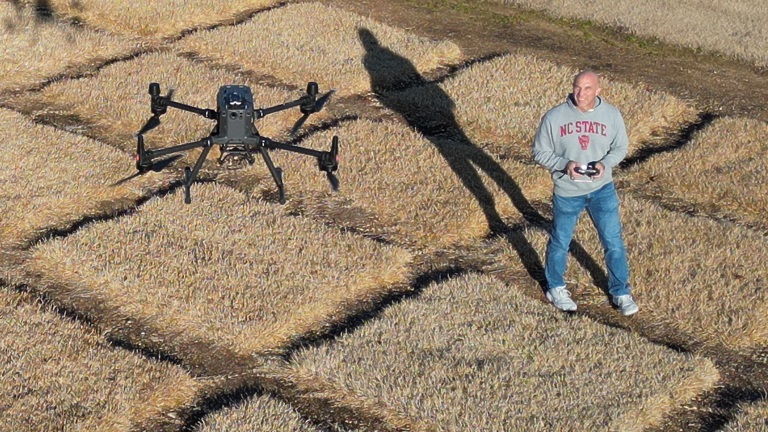 Drone flying over research field